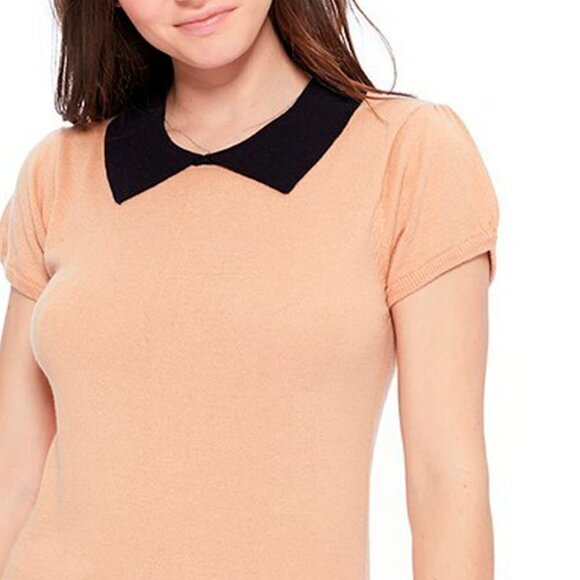 Peter Pan Collar Knit Top Tan and Black Short Sleeve Retro Style - Size Small - Picture 2 of 4